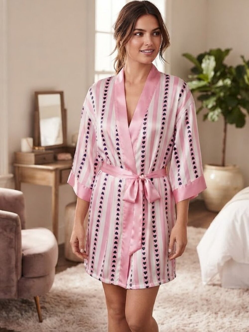 VS Very Sexy Short Satin Kimono with Vertical Heart Print Pink Stripe XS/Small